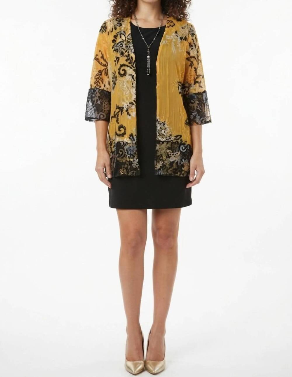 NEW SANDRA DARREN velvet 2-piece duster dress set in mustard black